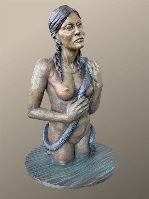 Eve, a ceramic figure sculpture by Ireri Krueger of a woman rising from water with a serpent