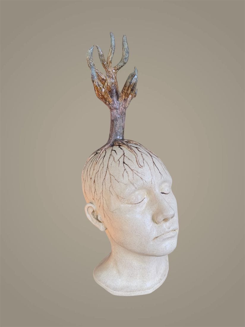 Rooted, a ceramic sculpture by Ireri Krueger of a head with a bare tree growing from it
